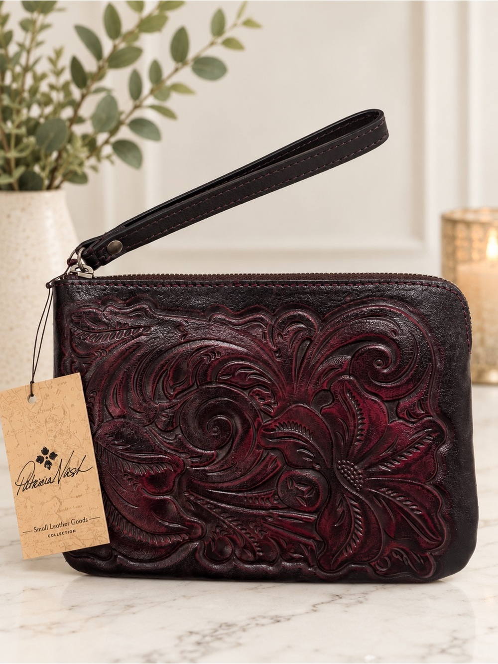 PATRICIA NASH Cassini Embossed Floral Leather Wristlet Clutch Plum NWT